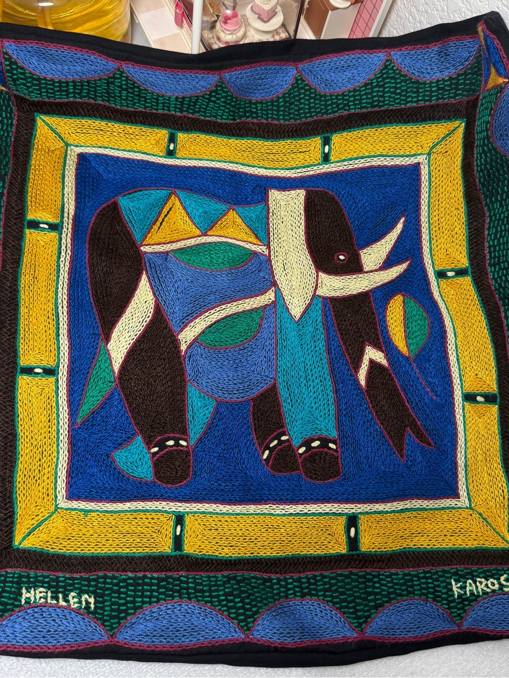 Kaross Handmade Embroidered Elephant Tapestry Cushion/Pillow Cover Signed
